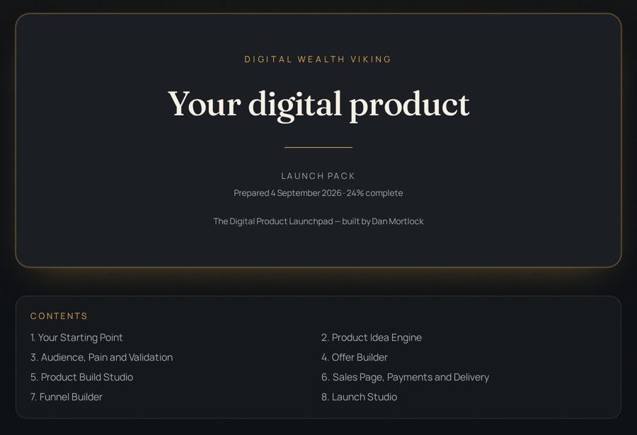 The Launch Pack cover page with a gold-edged title card and a contents list of all eight phases